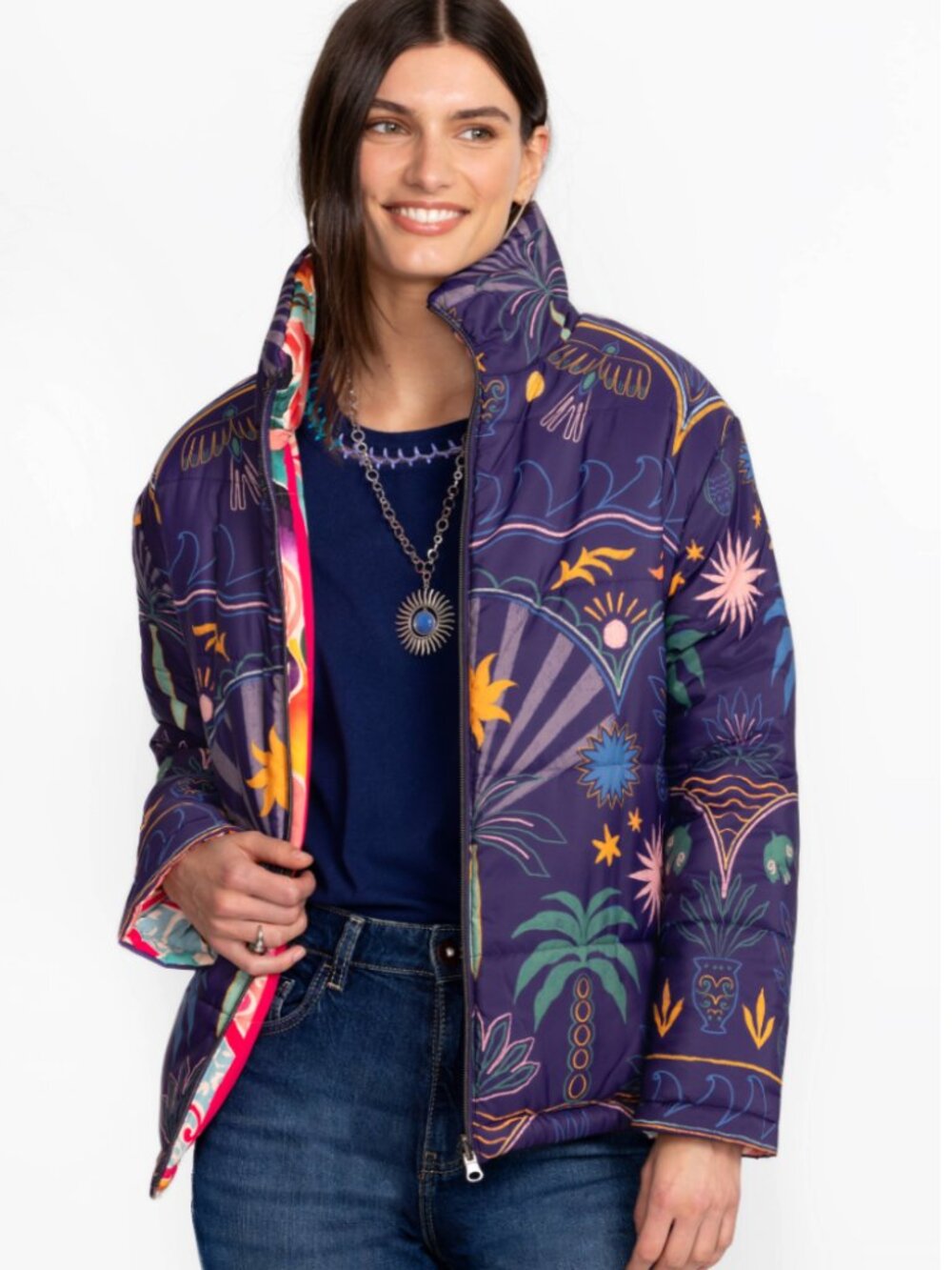Johnny Was Pia Puffer Reversible Colorful Print Jacket XS $435 NWT